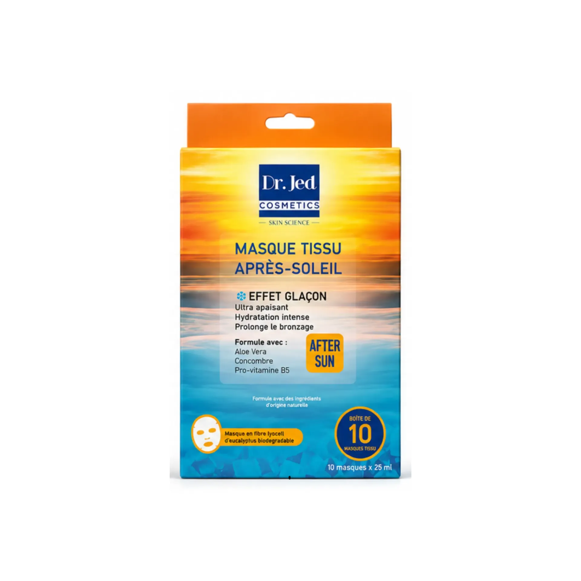 [TS- Après-Soleil] Dr. Jed – Boite masque visage en tissu Après-Soleil effet glaçon à l’aloe vera et au panthénol – 25 ml (10 masques)