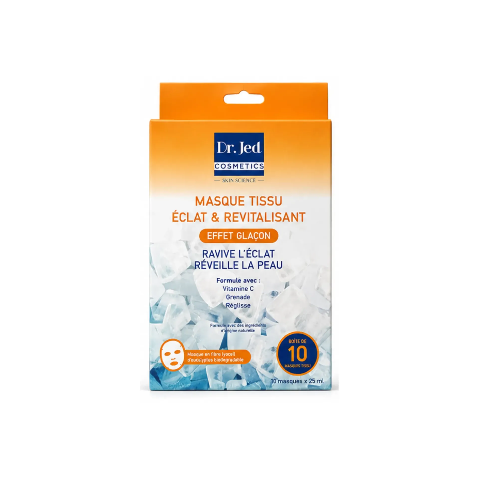 [TS-ECLAT] Dr. Jed – Boite masque visage en tissu Éclat & Revitalisant effet glaçon à la vitamine C – 25 ml (10 masques)