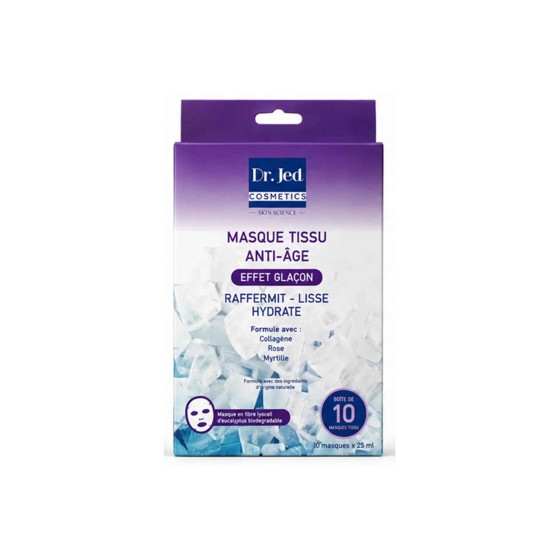 [TS-ANTI-AGE] Dr. Jed – Boite masque visage en tissu Anti-Âge effet glaçon au collagène, à la rose et à la myrtille – 25 ml (10 masques)