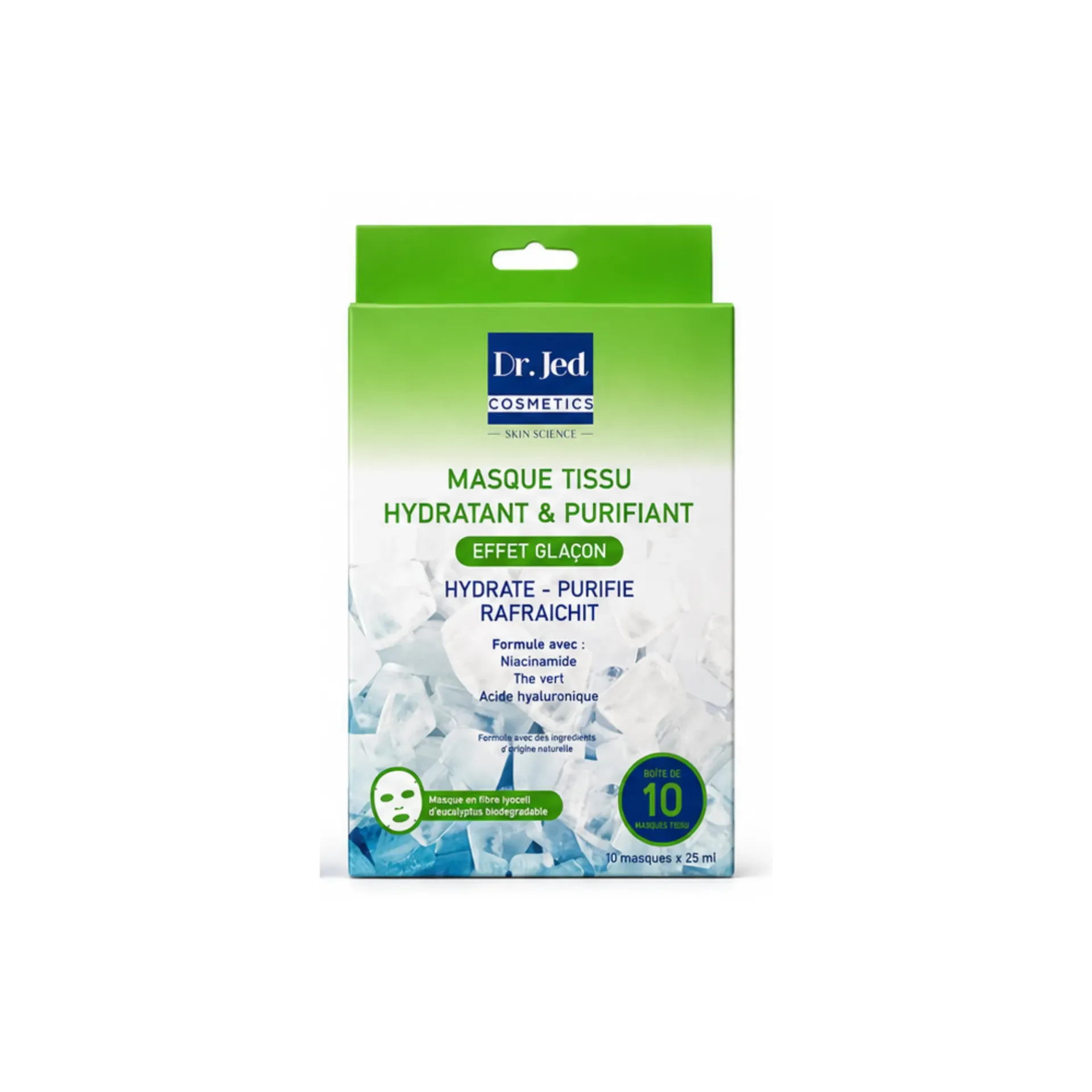 [TS-HYDRA-PUR] Dr. Jed – Boite masque visage en tissu Hydratant & Purifiant effet glaçon au niacinamide, thé vert et acide hyaluronique – 25 ml (10 masques)